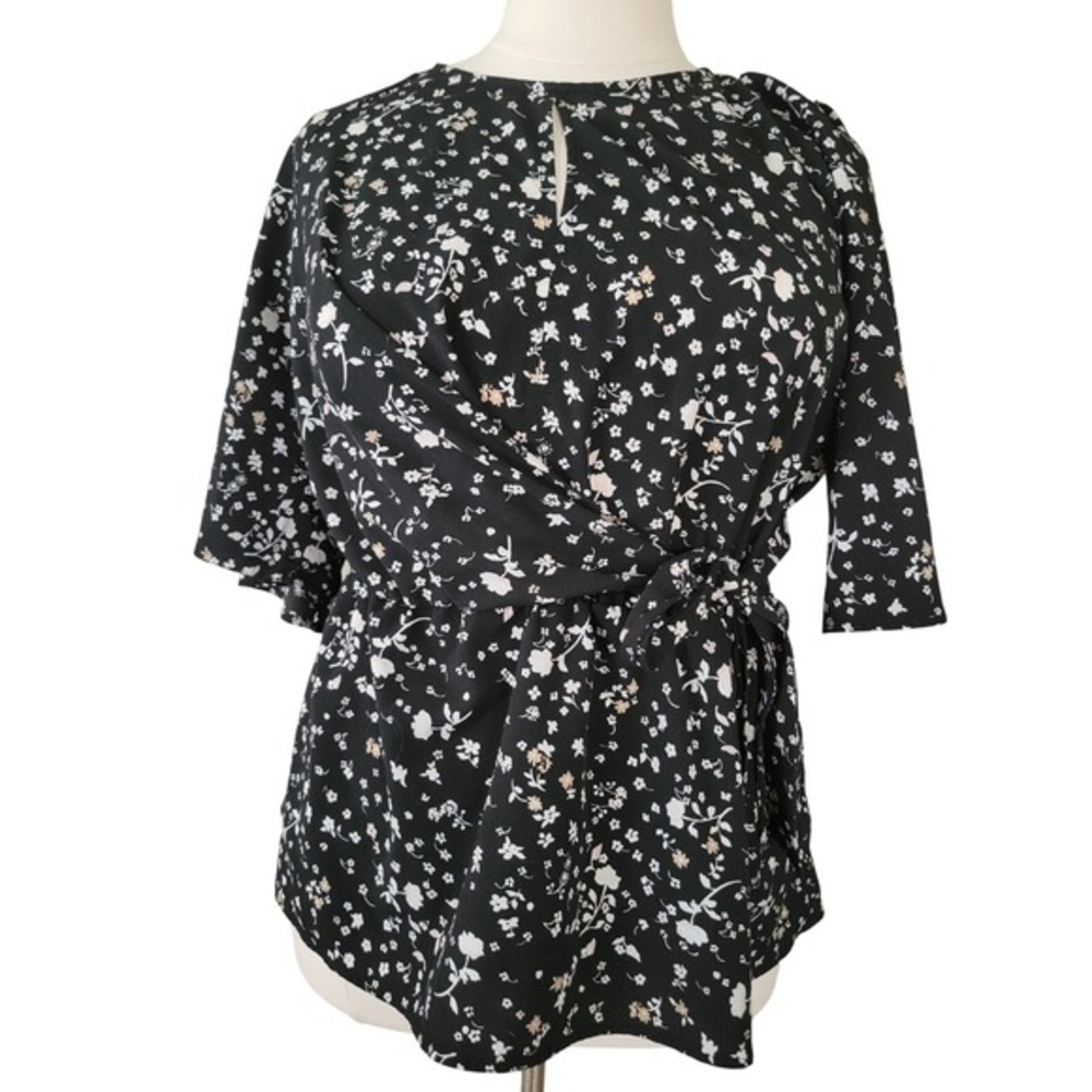 Lane‎ Bryant Floral Wrap Tie Waist Blouse Womens 20 Black Excellent 3/4 Sleeve
